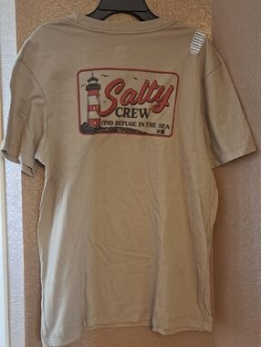 NWT MENS Medium Salty Crew Tan Graphic Lighthouse Tee with Red Accent